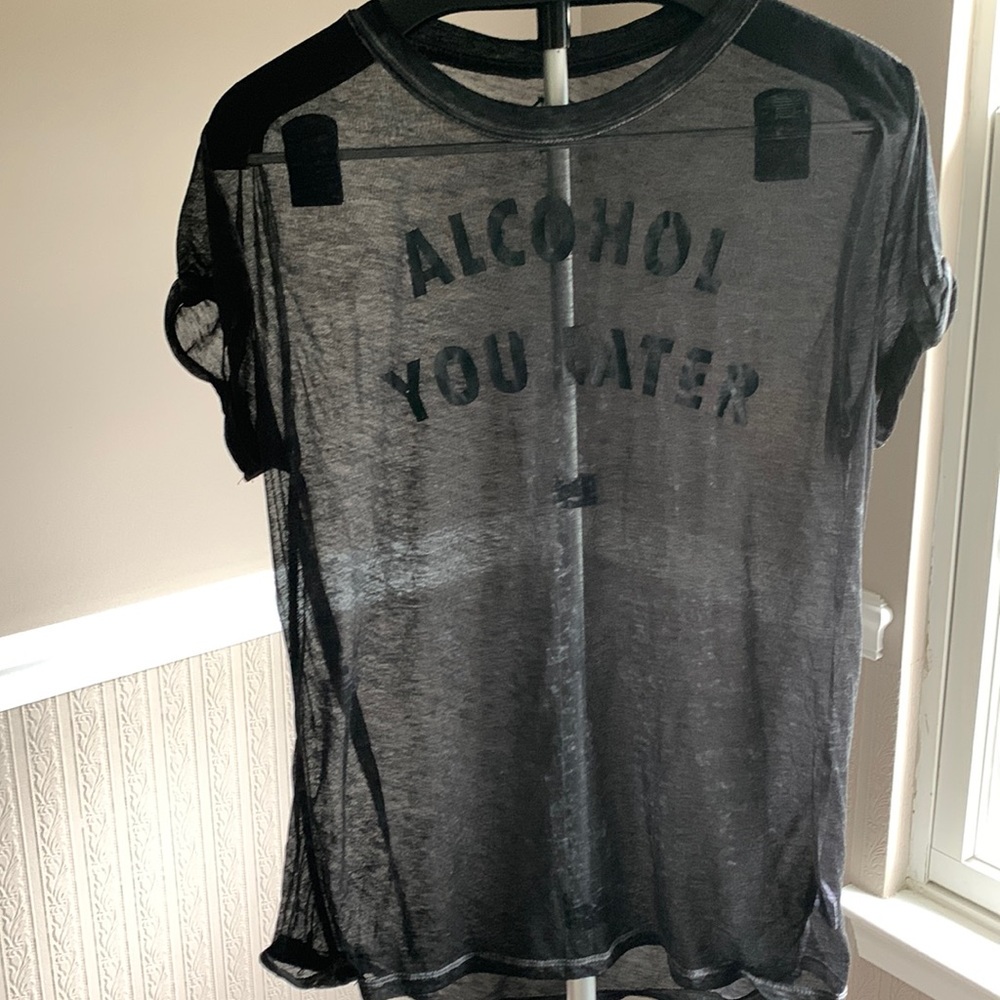 Alcohol you later, sheer black tee, womens large, like new